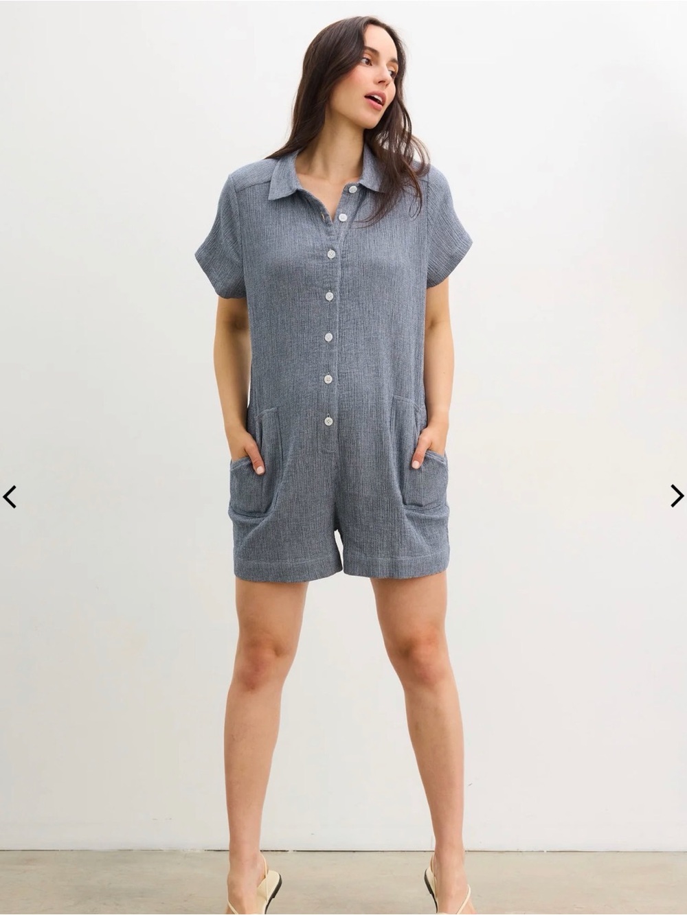 Hatch Lenora Slate Blue Short-Sleeve Button Romper